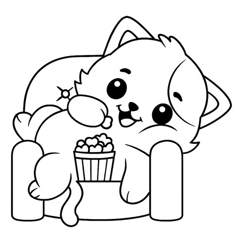 Раскраска Котёнок в кресле с попкорном