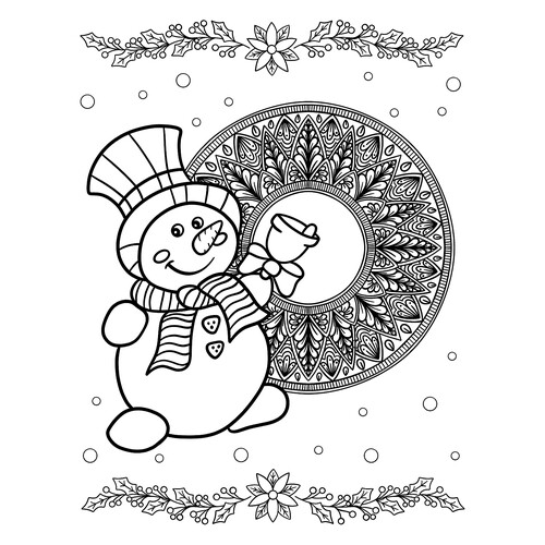 Раскраска Снеговик с колокольчиком и мандала