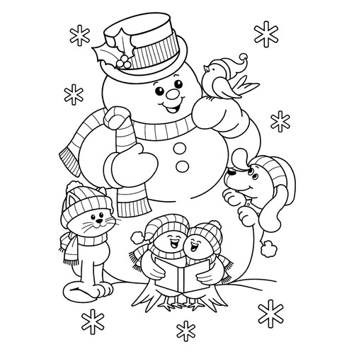Раскраска Собака, кот и птички собрались у Снеговика