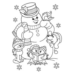 Раскраска Собака, кот и птички собрались у Снеговика
