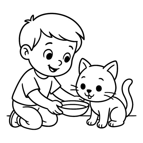 Раскраска Мальчик поит котёнка молоком