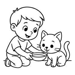 Мальчик поит котёнка молоком