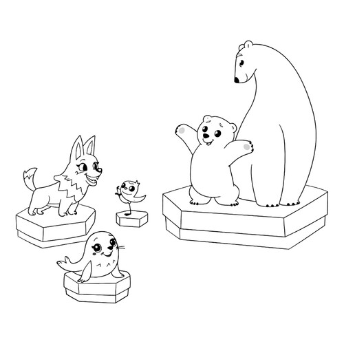 Раскраска Умка с друзьями на льдинах