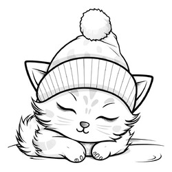 Раскраска Спящий котёнок в шапочке