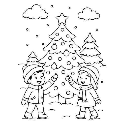 Раскраска Дети украшают ёлку в лесу