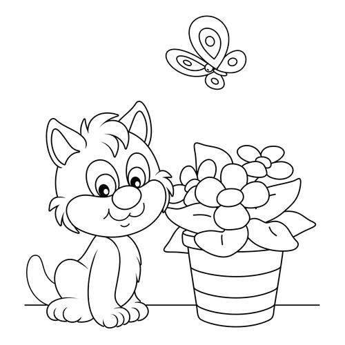 Раскраска Котик и горшок с цветами