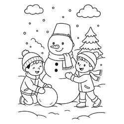 Дети лепят снеговика в лесу