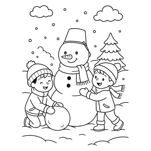 Раскраска Дети лепят снеговика в лесу