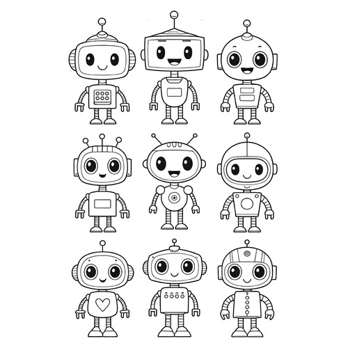 Раскраска Набор милых роботов