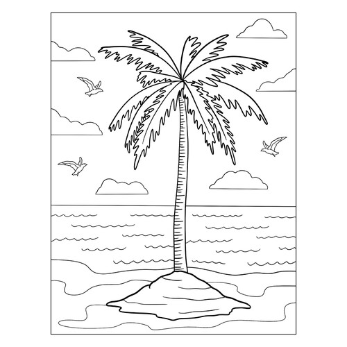 Раскраска Пальма на острове и чайки