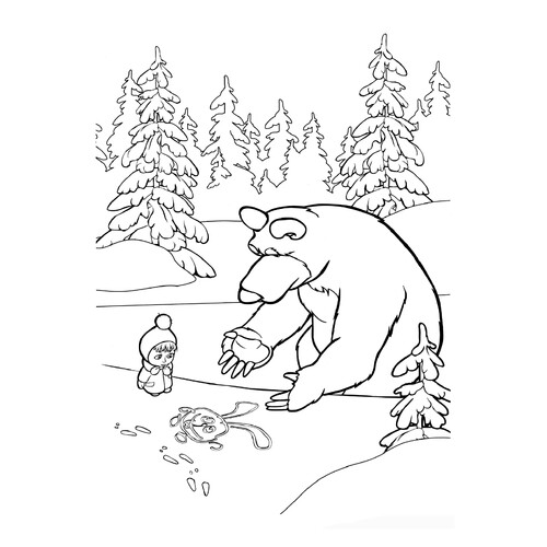 Раскраска Маша и медведь рисуют на снегу