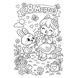 Раскраска Крольчонок дарит маме цветок на 8 марта
