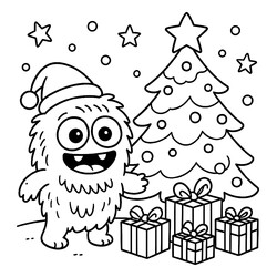 Милый монстр возле ёлки с подарками