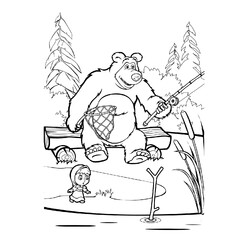 Раскраска Маша и медведь на рыбалке