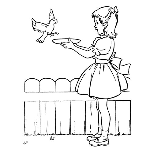 Раскраска Девочка кормит птичку