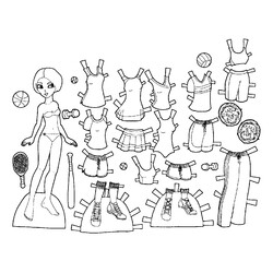 Раскраска Бумажная кукла для вырезания со споротивной одеждой