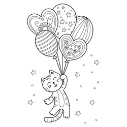 Раскраска Котик с шариками для открытки
