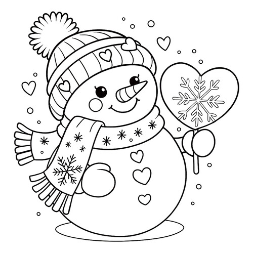 Раскраска Милый снеговик с леденцом-сердечком