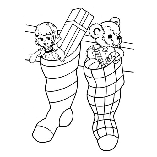 Раскраска Рождественские носки с куклой и медвежонком