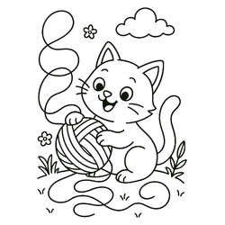 Раскраска Кошка разматывает клубок