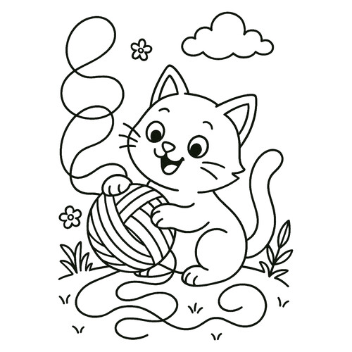 Раскраска Кошка разматывает клубок