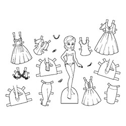 Раскраска Бумажная кукла с красивыми платьями для вырезания