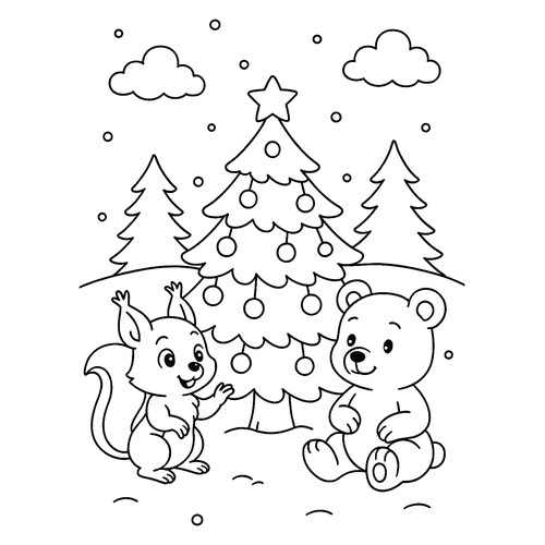 Раскраска Медвежонок и белочка возле ёлки