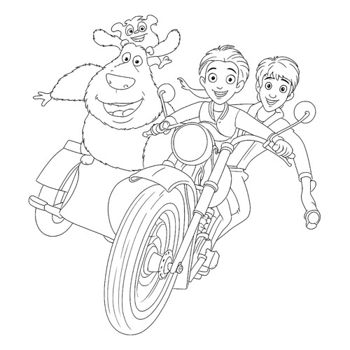 Раскраска Финник с друзьями на мотоцикле