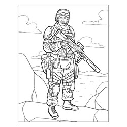 Раскраска Солдат в боевой амуниции с оружием