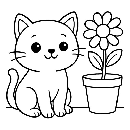 Раскраска Кот и ромашка в горшке