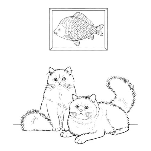 Раскраска Два кота и картина с рыбкой