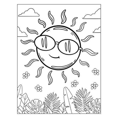 Раскраска Солнце в солнечных очках над пляжем распечатать или скачать