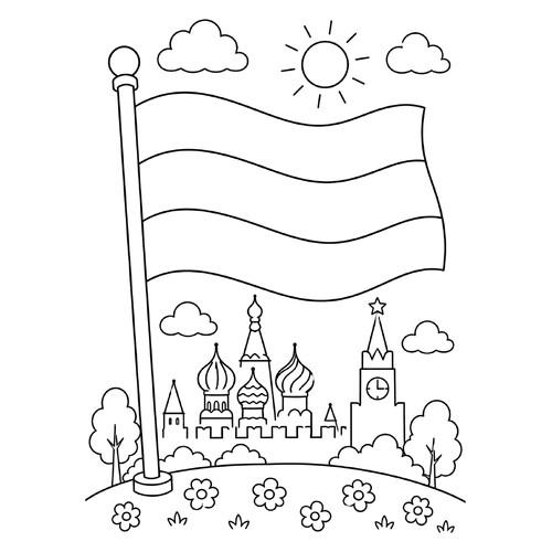 Раскраска Флаг России и Кремль для детей