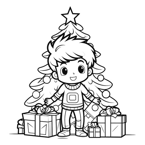 Раскраска Мальчик возле ёлки с подарками