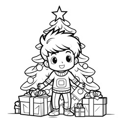 Мальчик возле ёлки с подарками