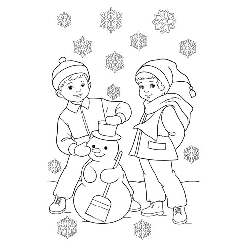 Раскраска Мальчик и девочка слепили Снеговика