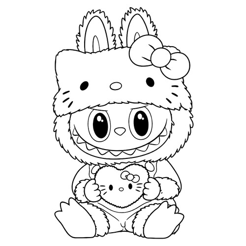 Раскраска Лабубу Хеллоу Китти с пушистым сердечком
