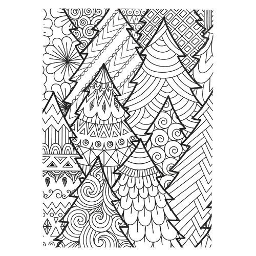 Раскраска Лес новогодних ёлок со сложными узорами