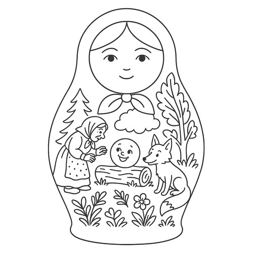 Раскраска Матрёшка со сказкой колобок