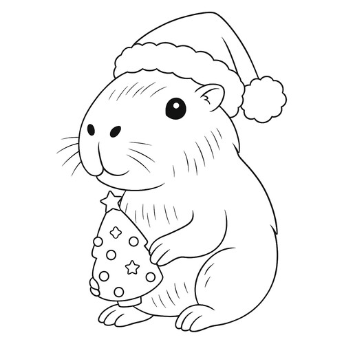 Раскраска Малышка капибара с ёлочкой