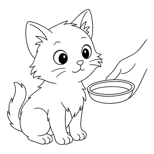 Раскраска Котенку подают миску с молоком