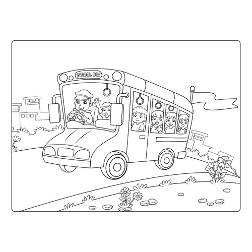 Раскраска Школьный автобус с детьми