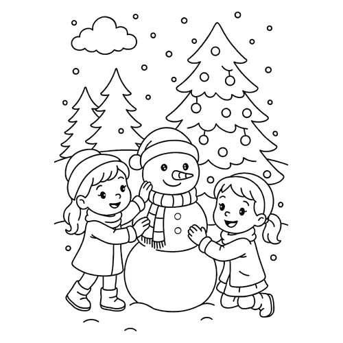 Раскраска Девочки лепят снеговика