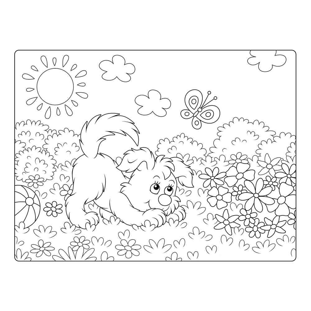 Раскраска Щенок играет на поляне распечатать или скачать