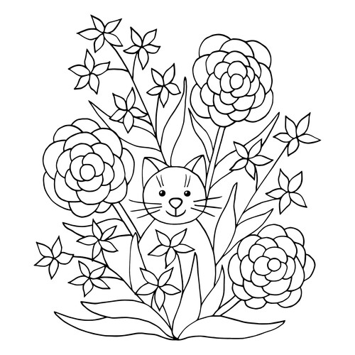 Раскраска Котик с цветочками