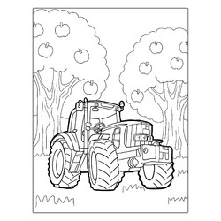 Раскраска Трактор возле яблонь