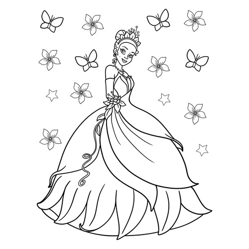 Раскраска Принцесса Тиана в пышном платье