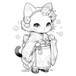 Раскраска Кошка в японском костюме
