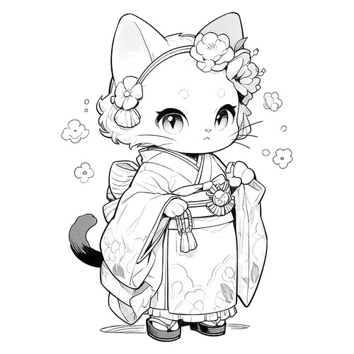 Раскраска Кошка в японском костюме