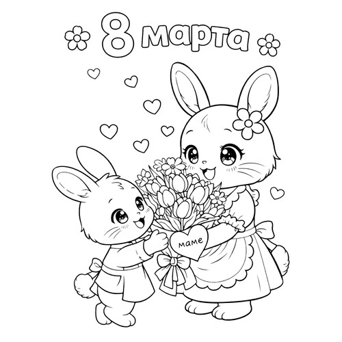 Раскраска Кролик дарит маме букет на 8 марта